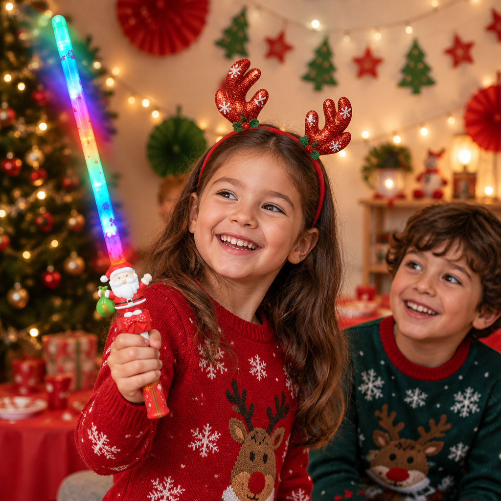 Child using the Santa LED wand at a Christmas party
