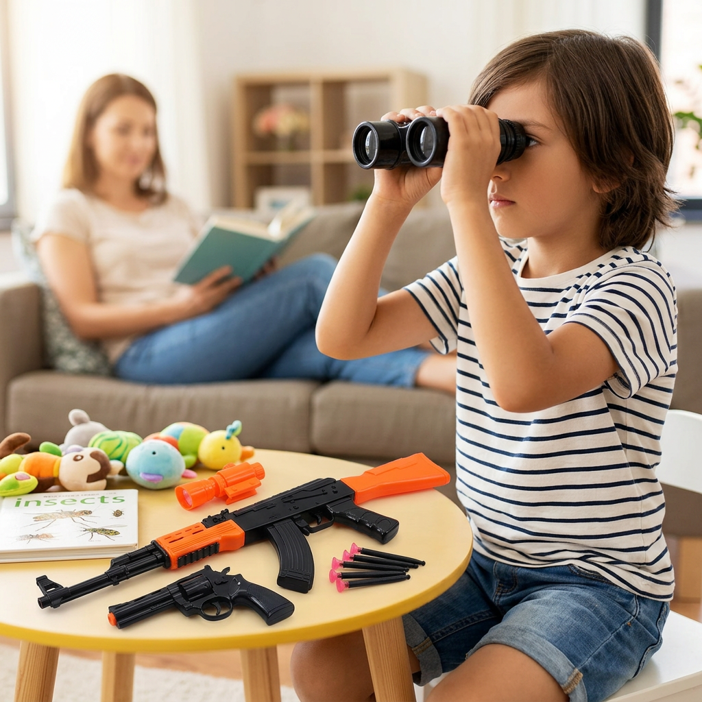 Child using the toy binoculars during imaginative play