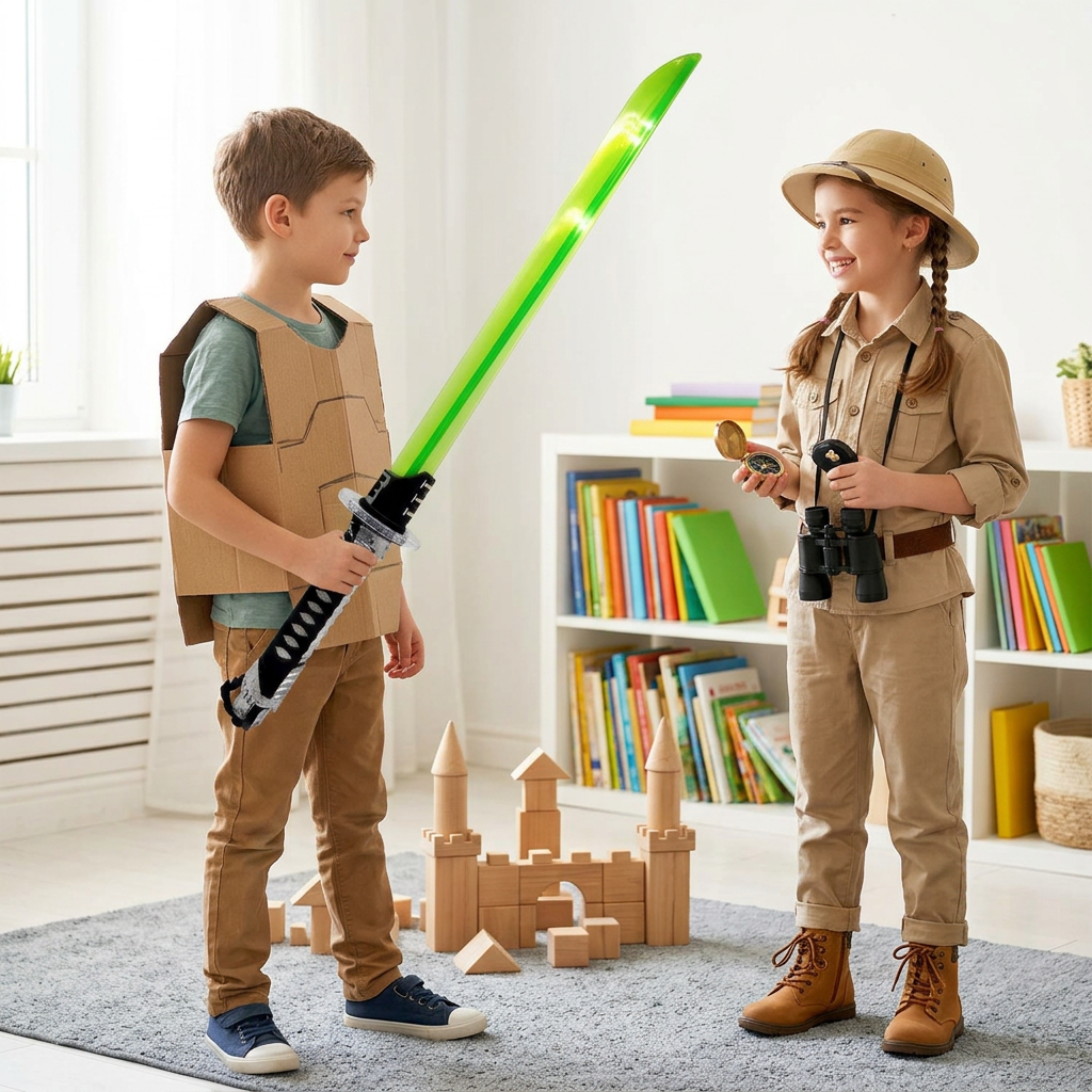 Children enjoying imaginative play with the toy sword