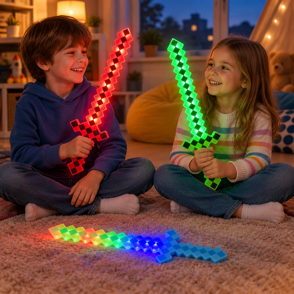 Children playing safely with the illuminated toy swords