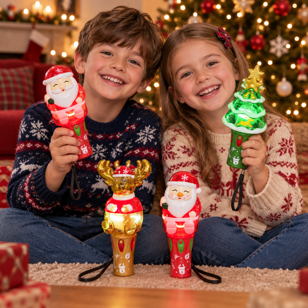Children playing with the Christmas light-up toys