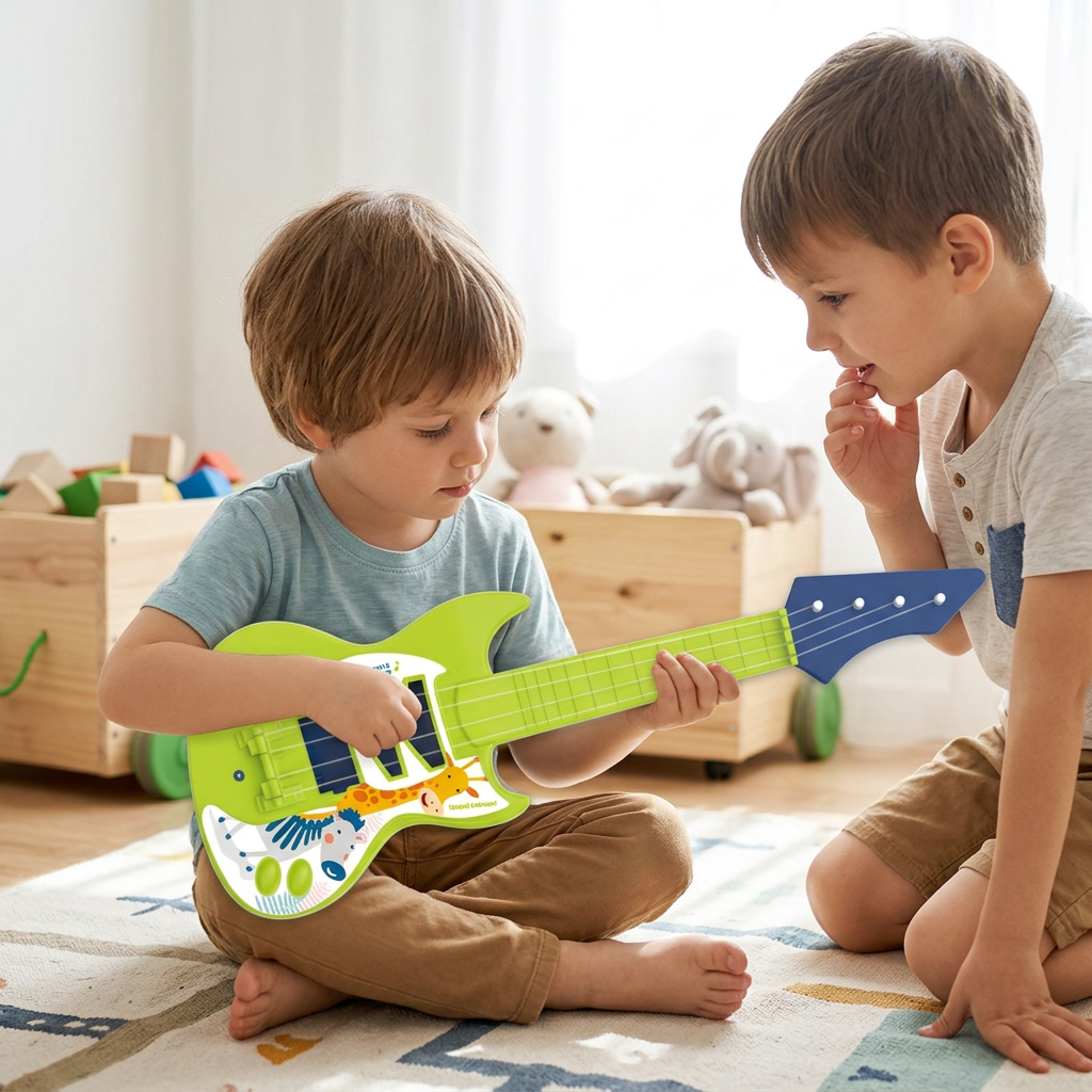 Children playing with the green toy guitar