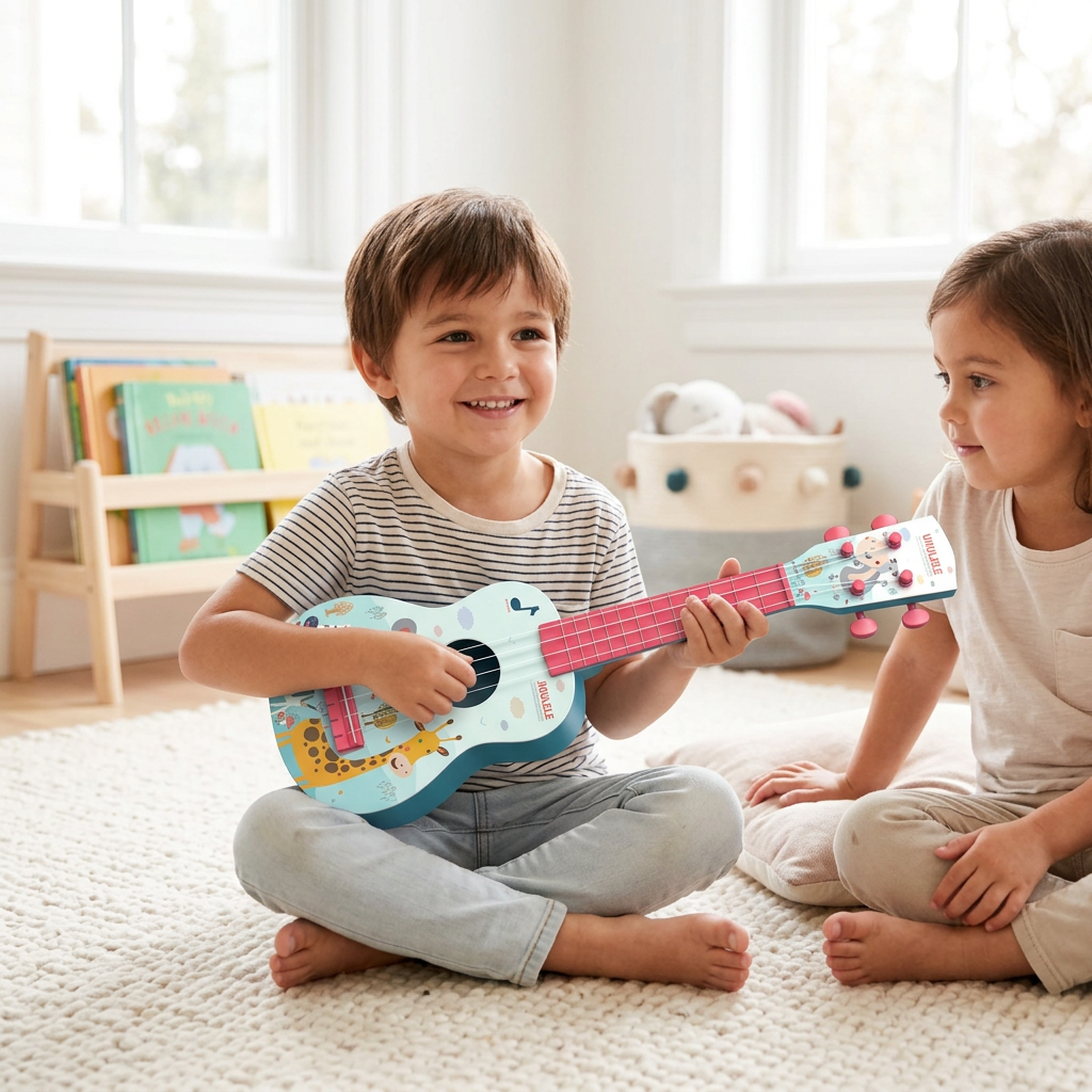 Children playing with the reference ukulele