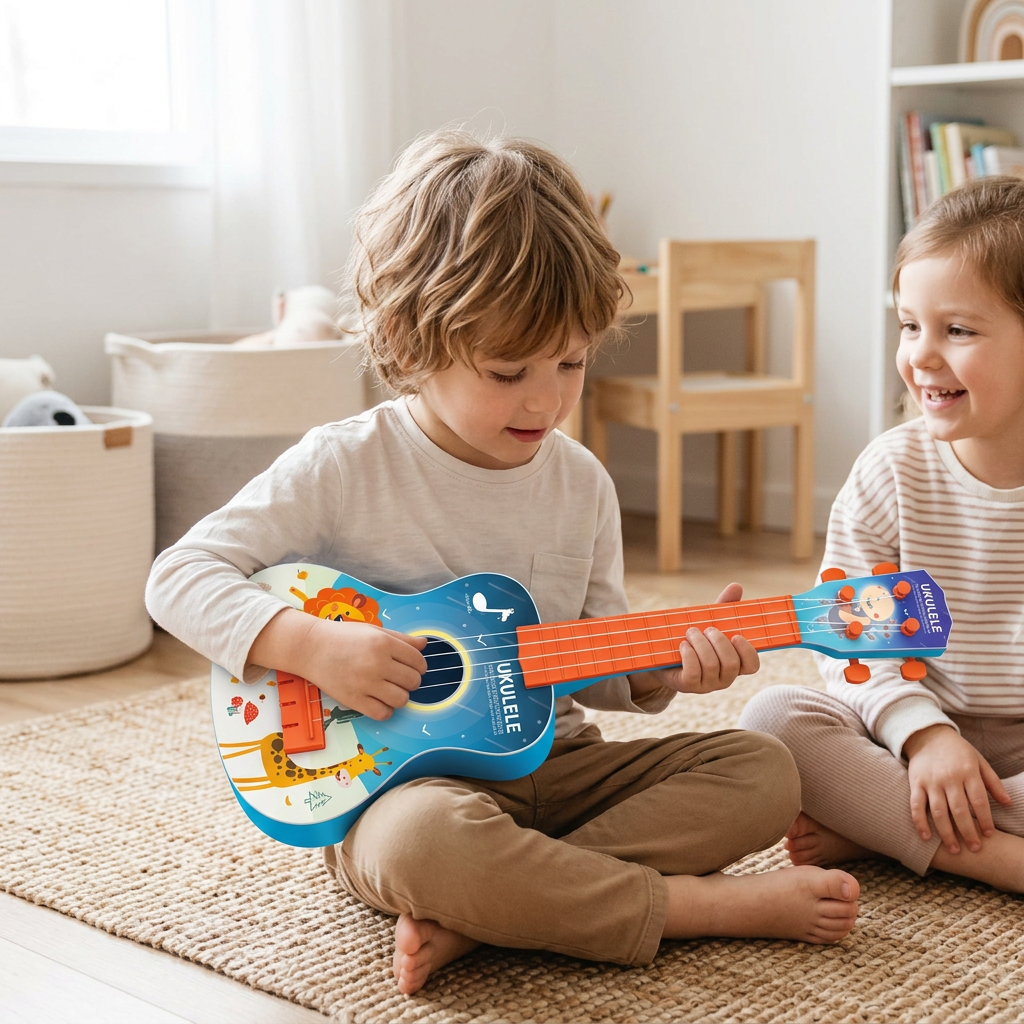 Children playing with the toy ukulele