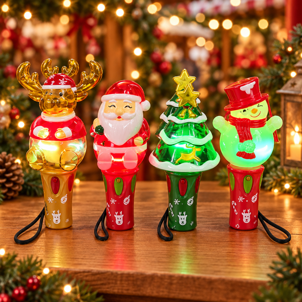 Christmas character toys displayed at a festive market