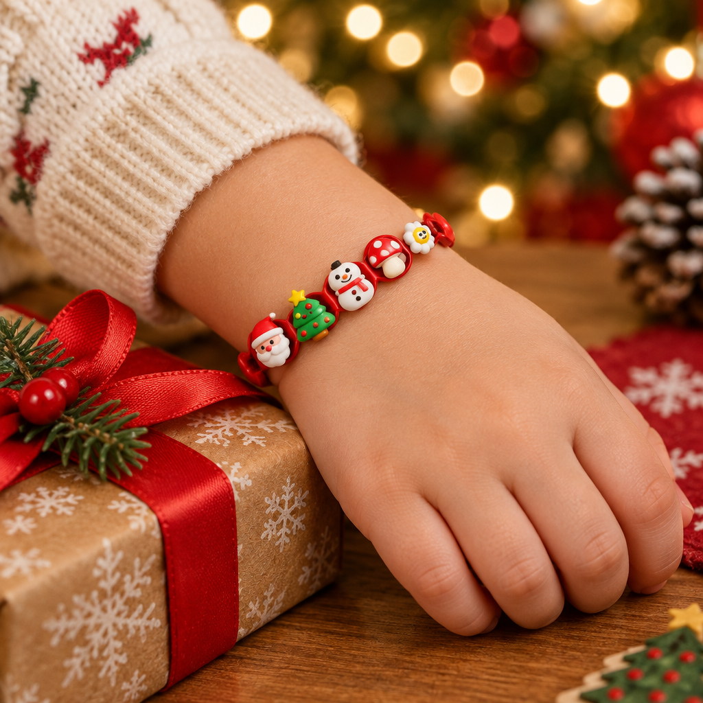 Christmas charm bracelet worn on a wrist