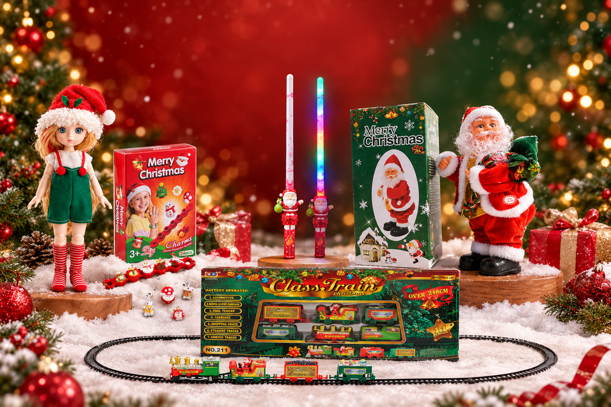 Christmas products slideshow banner featuring a doll, charm bracelet kit, Santa LED wand, Santa decoration, and train set