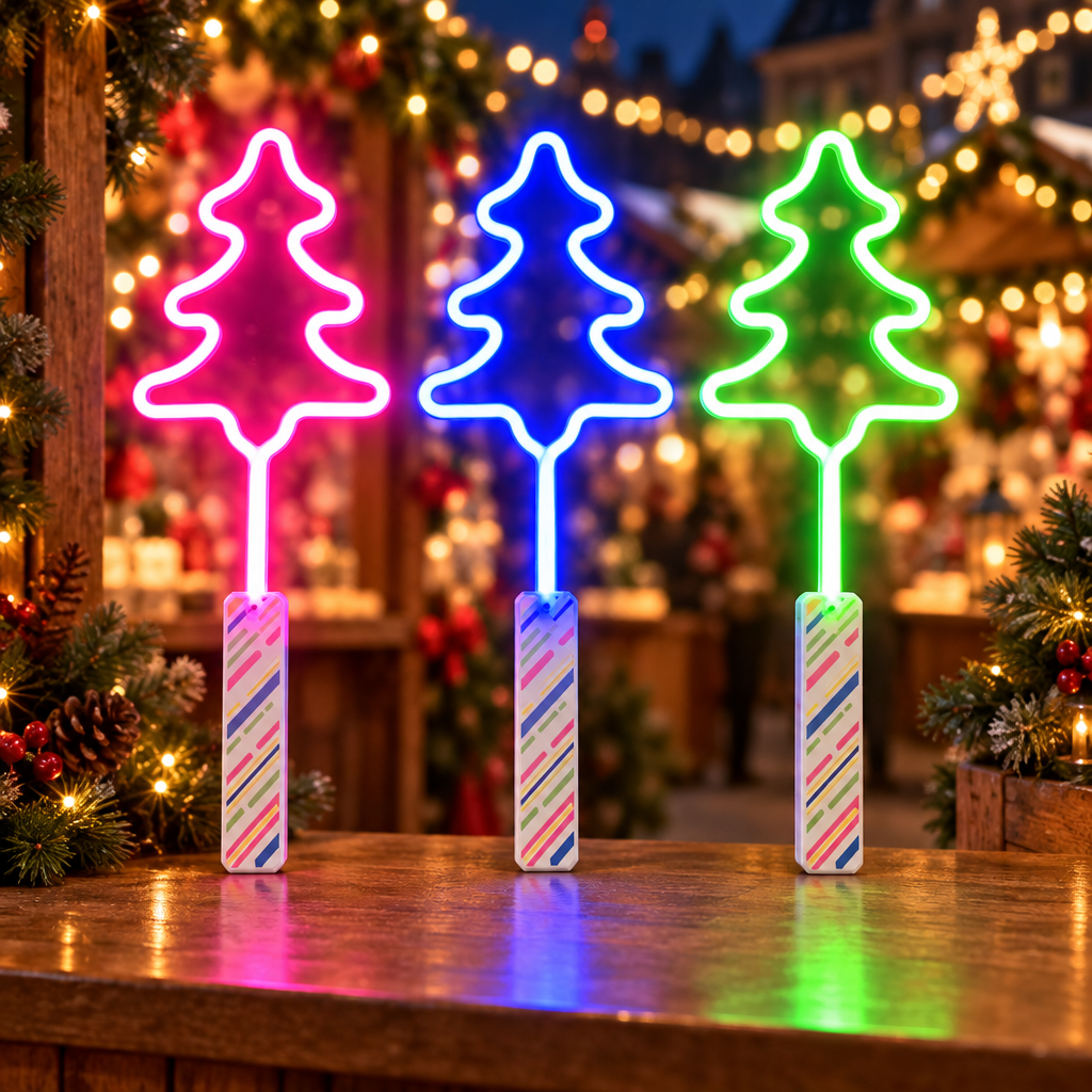 Christmas-tree LED wands at a festive market