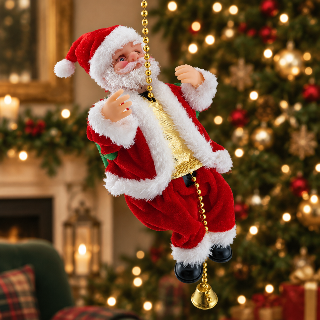 Climbing Santa in a festive Christmas setting