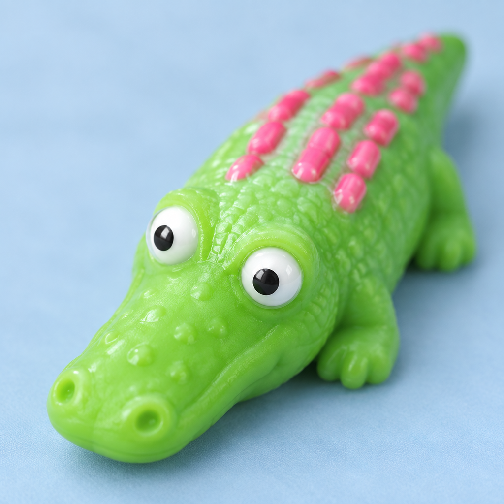 Close-up detail shot of green crocodile squeeze toy
