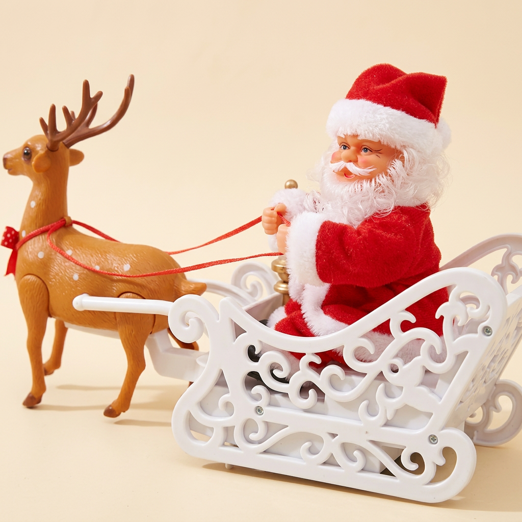 Close-up of Santa and the white scrollwork sleigh