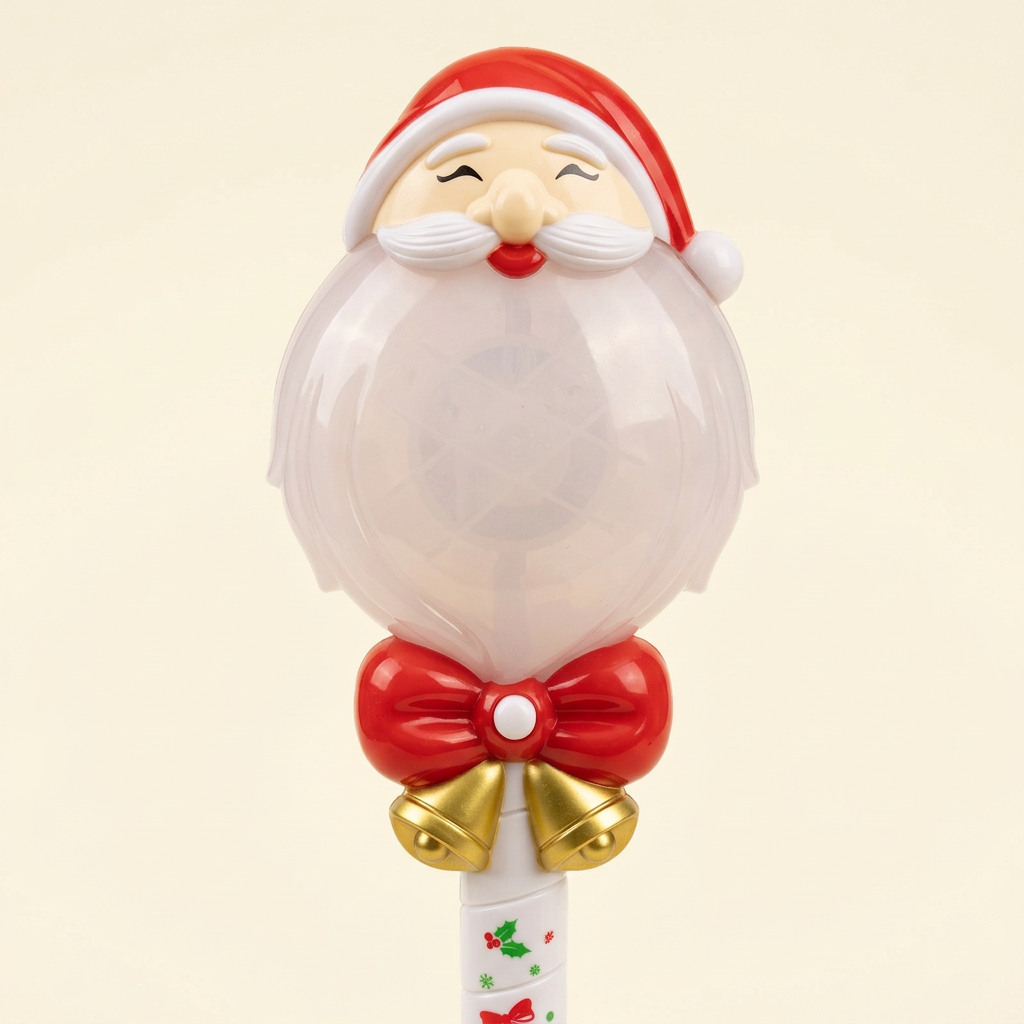 Close-up of Santa’s face, bow and gold bells