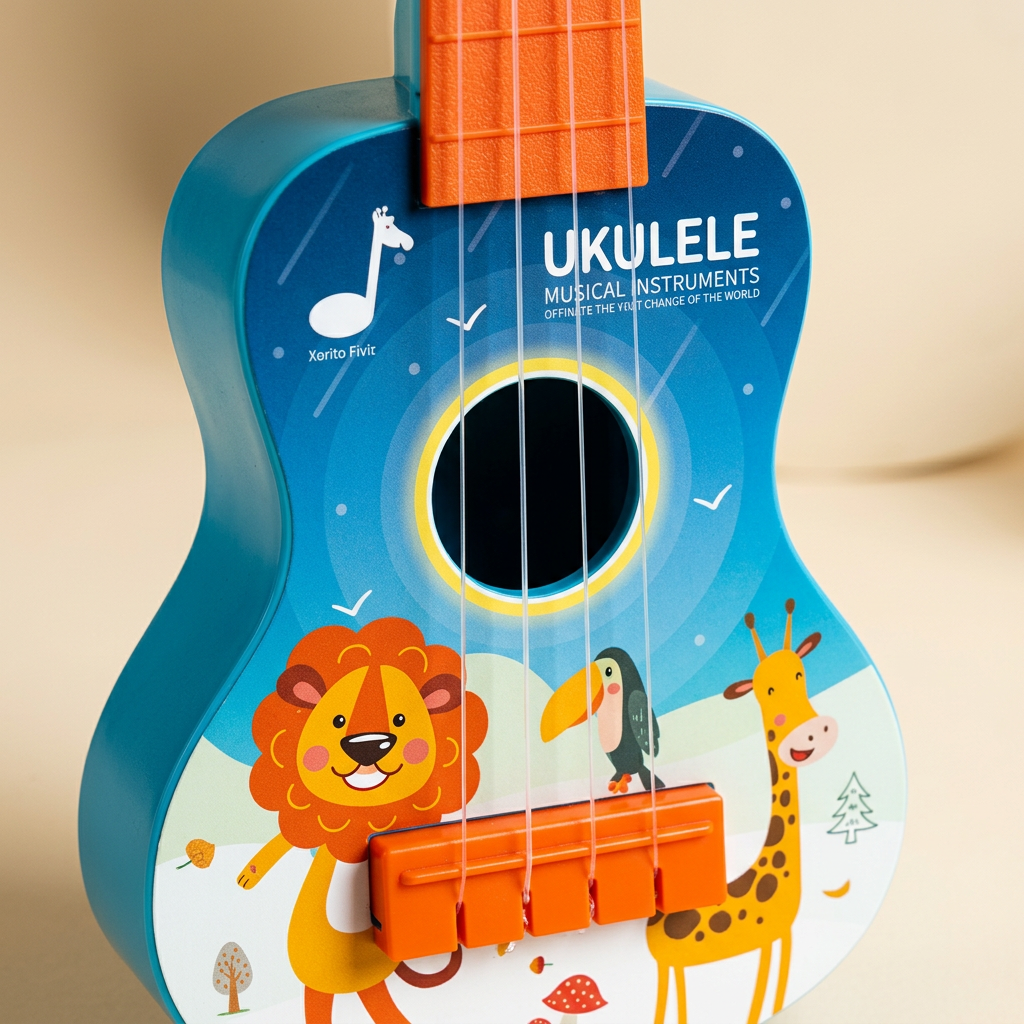 Close-up of the animal artwork and strings