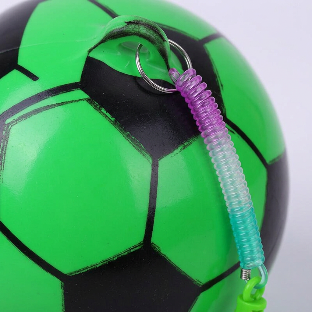 Close-up of the coiled cord and green clip