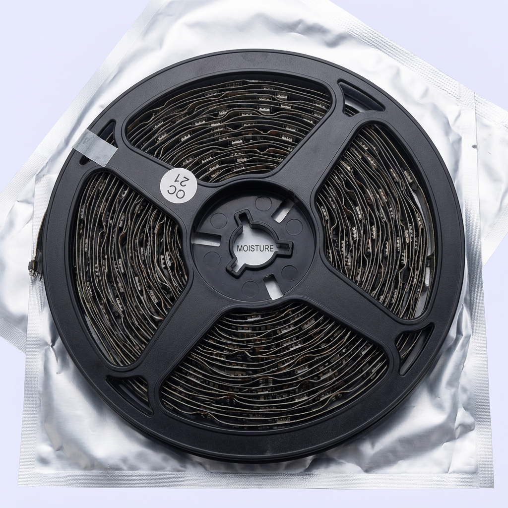 Close-up of the dark LED strip reel on its silver pouch