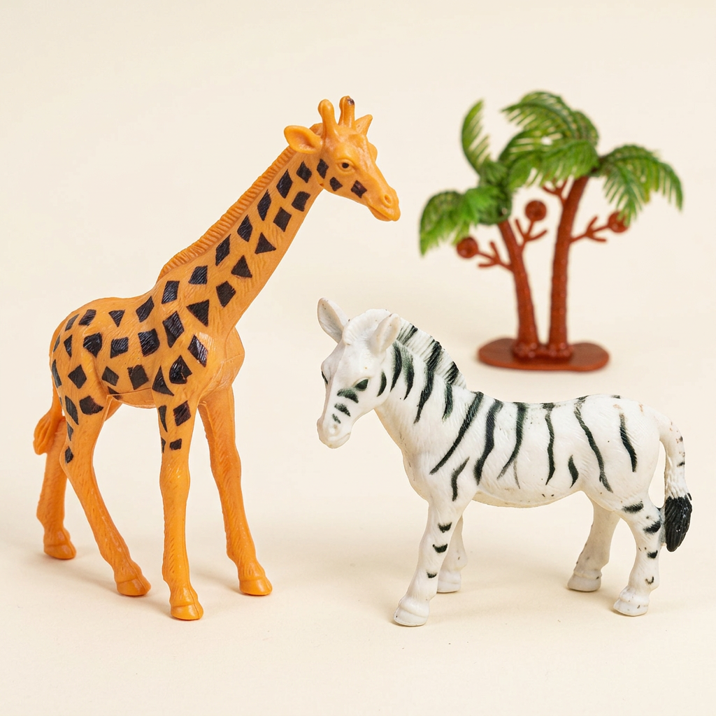 Close-up of the giraffe and zebra figures