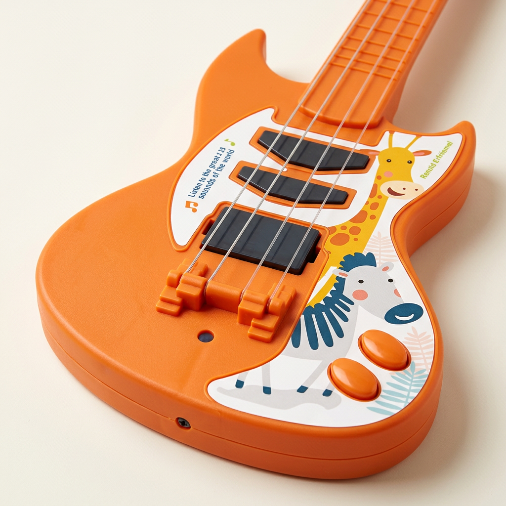 Close-up of the guitar body and animal artwork