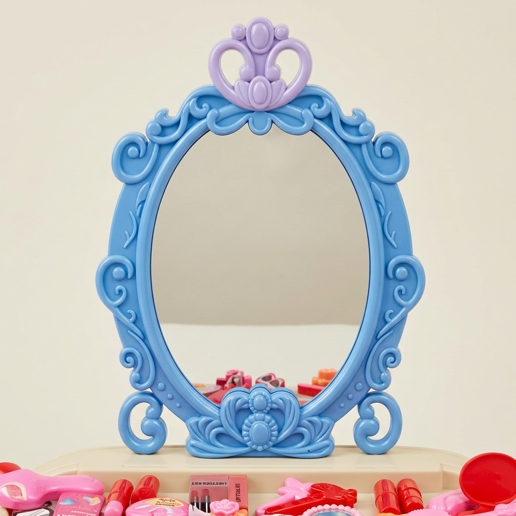Close-up of the ornate blue mirror frame