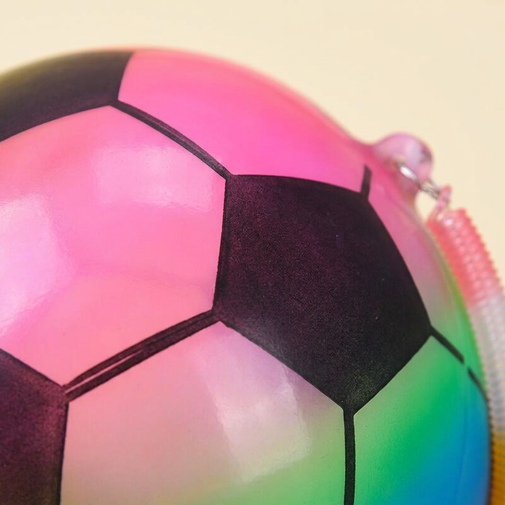 Close-up of the rainbow colours and football pattern