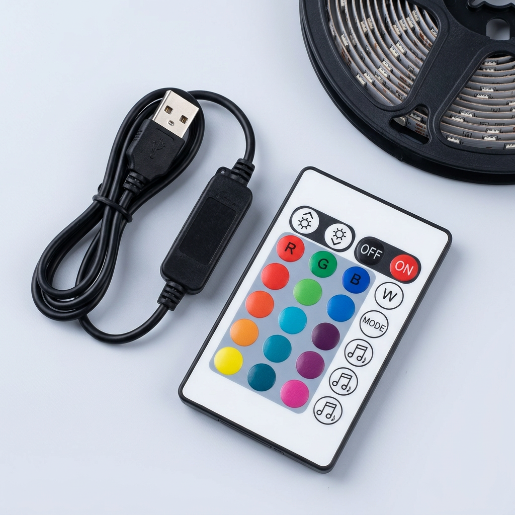 Close-up of the remote and USB controller cable