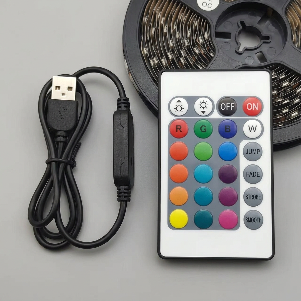 Close-up of the remote and USB controller cable