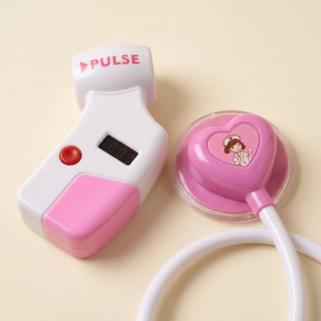 Close-up of the toy pulse instrument and stethoscope