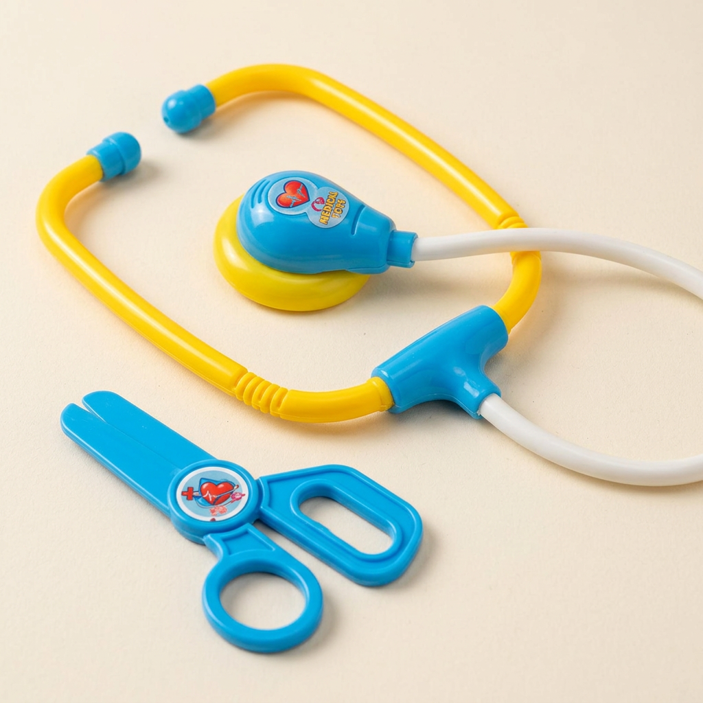 Close-up of the toy stethoscope and scissors