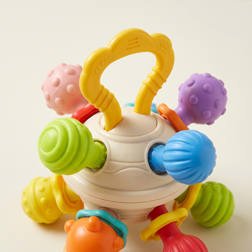 Close-up of the yellow handle and colourful textured pieces
