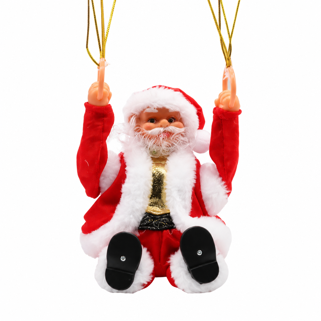 Close-up view of parachuting Santa