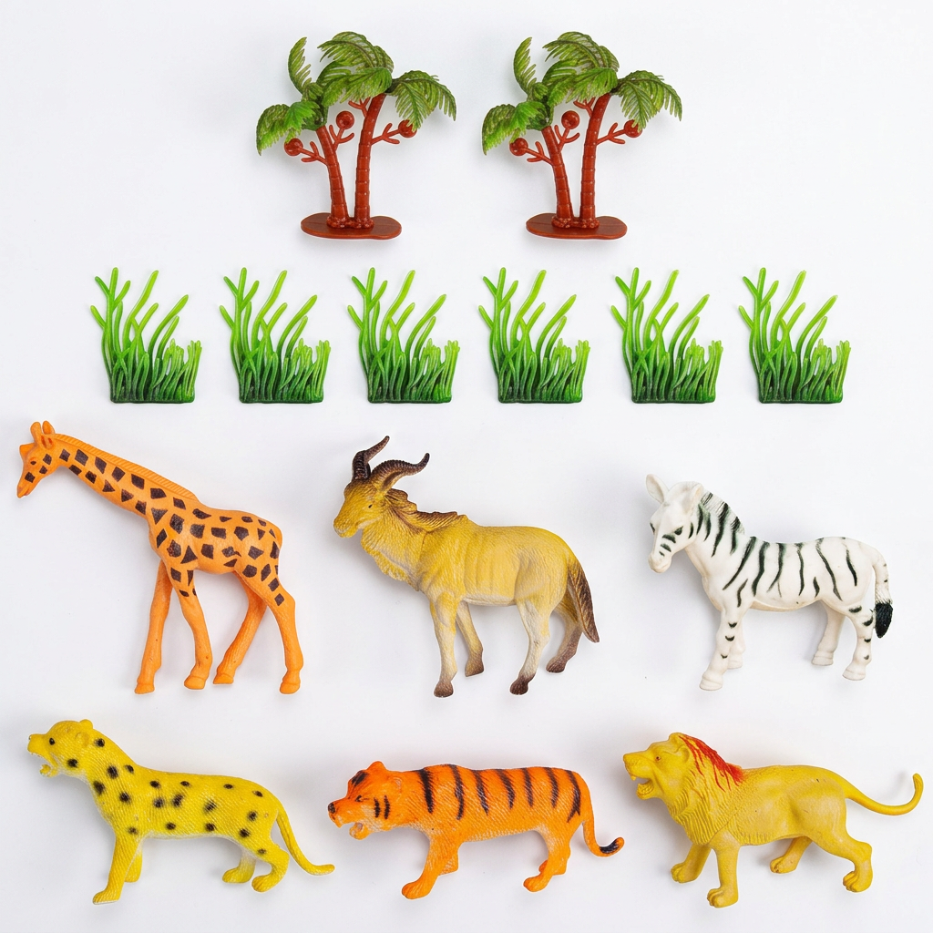 Complete unpacked animal set with palm trees and grass pieces