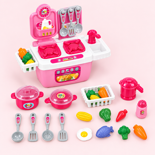Cooking playset and accessories arranged in a flat lay
