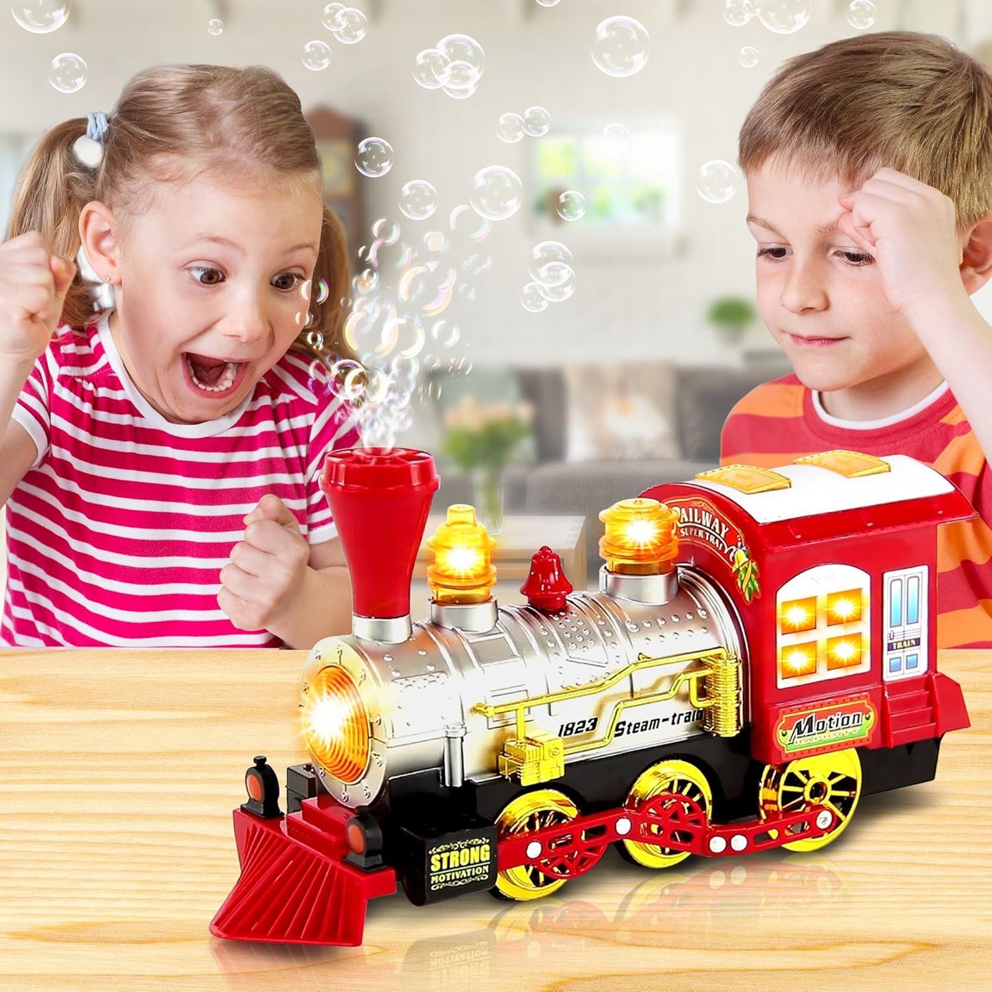 Bubble Train for Kids Toys with Bump & Go Motion, Fire Engine Toy with Light and Sound