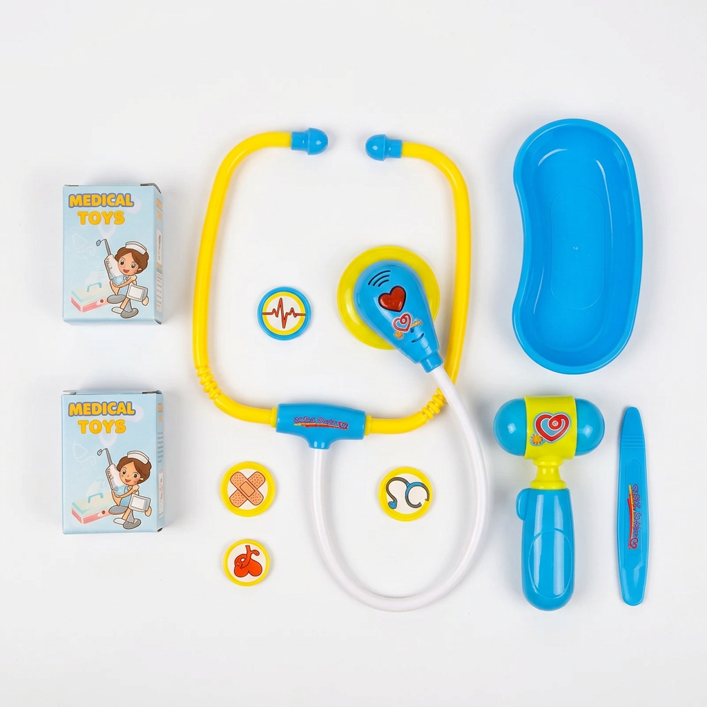 Doctor kit accessories arranged on white
