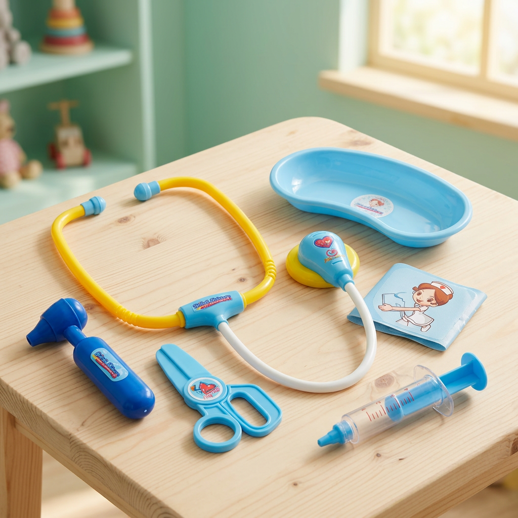 Doctor kit accessories on a playroom table