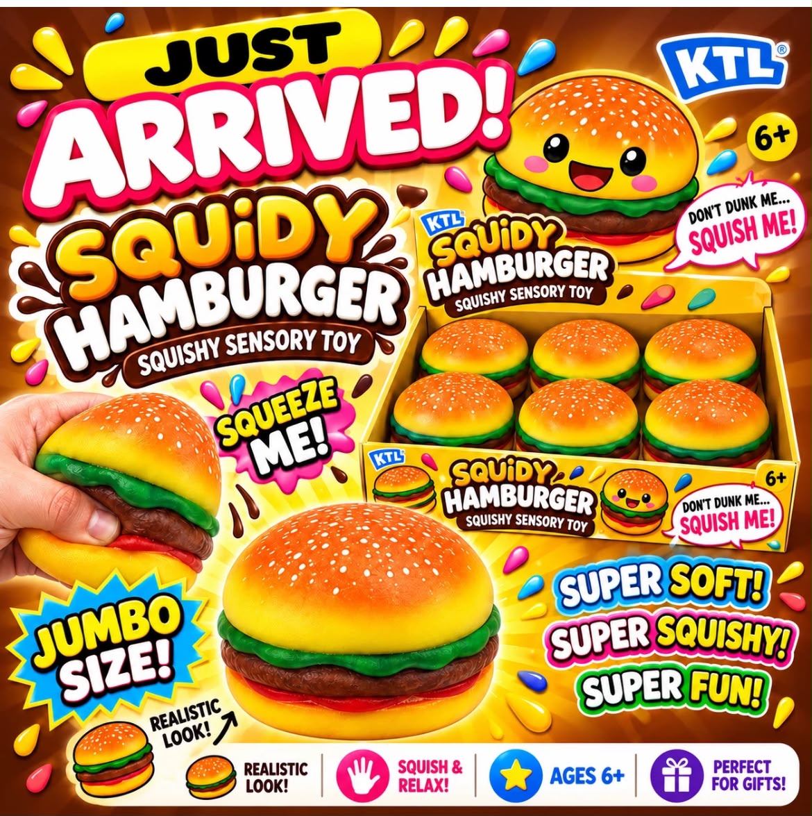 Jumbo Squishy Burger Squeeze Toys – Pack of 6