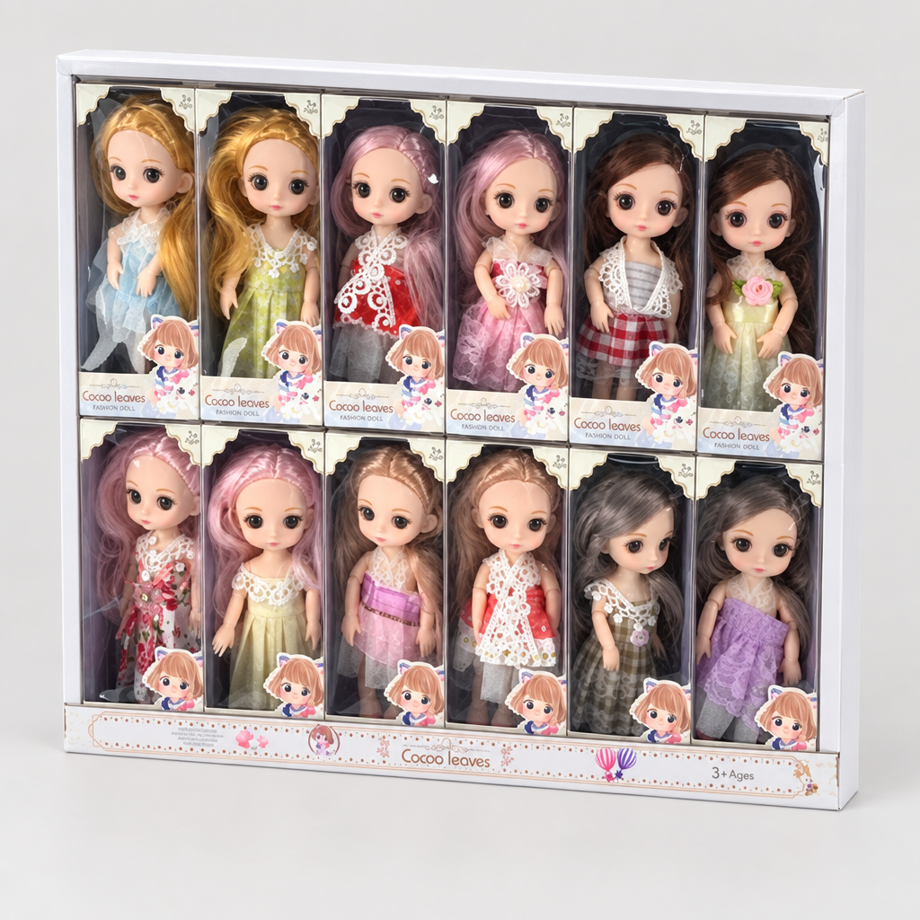 Exact boxed doll set photographed from a three-quarter studio angle