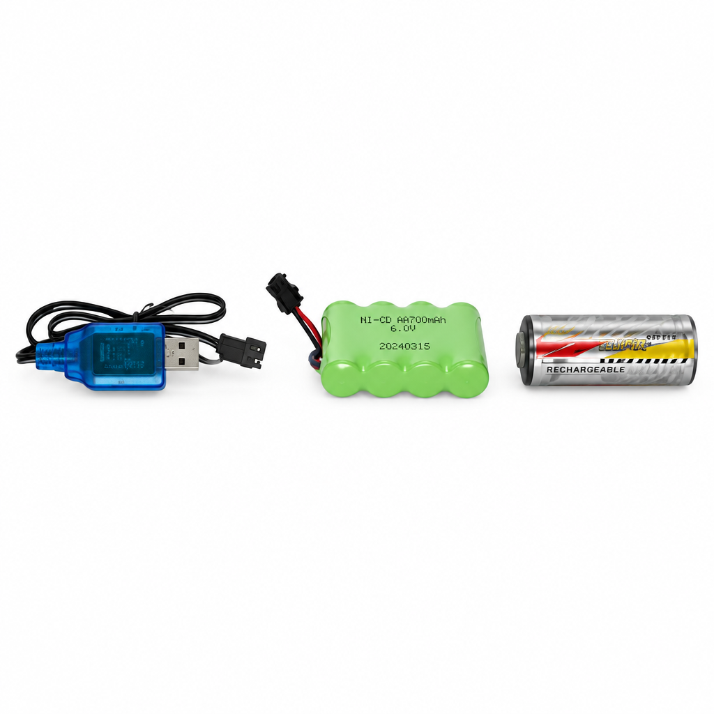 Exact charger, green battery pack, and silver battery accessories
