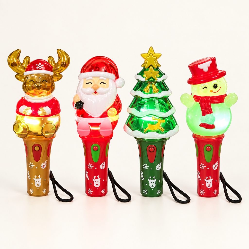 Four Christmas light-up toys on a studio background