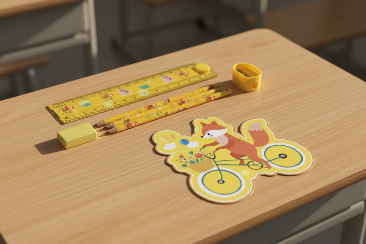 Fox stationery set contents on school desk