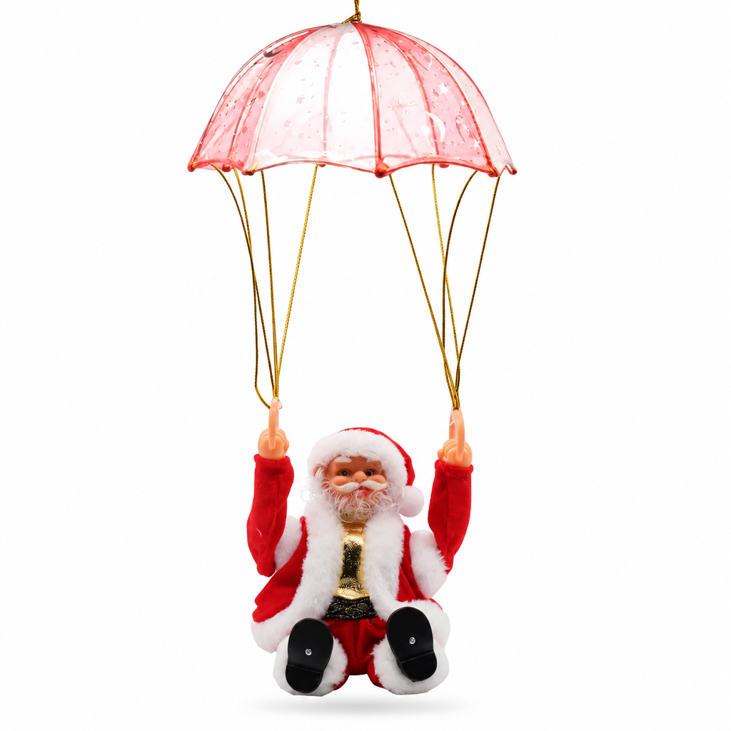Front view of parachuting Santa