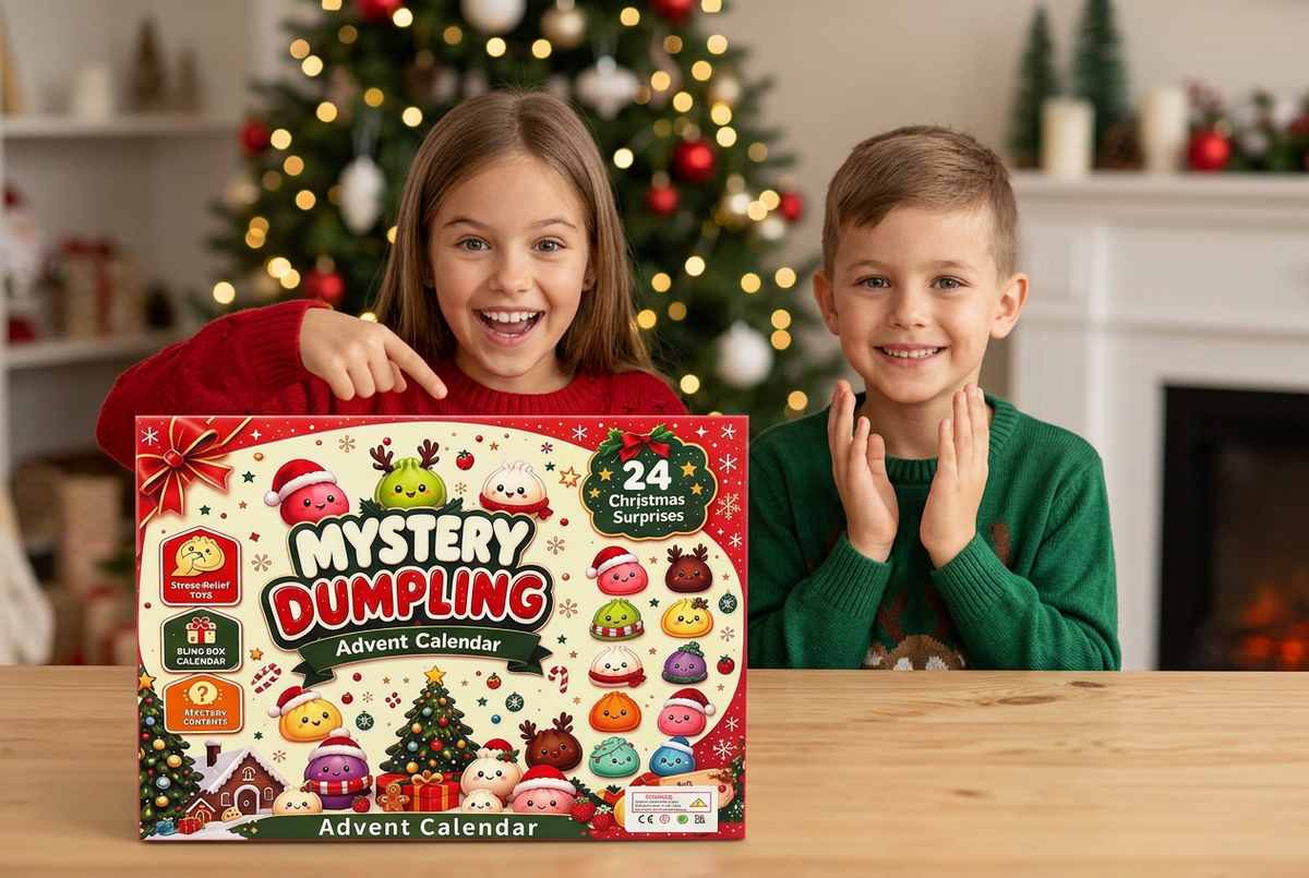 Girl and boy excited by the Mystery Dumpling Advent Calendar