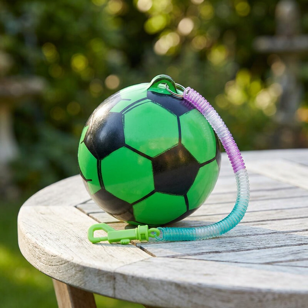 Green and black football toy on a garden table