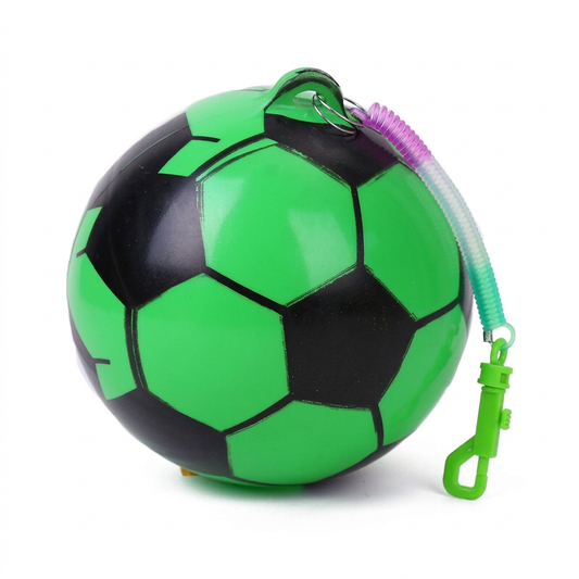 Green and black football toy on white