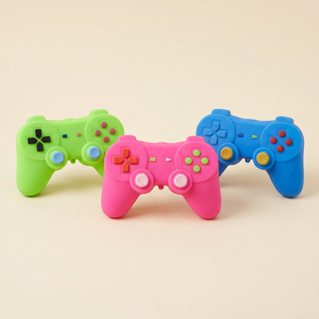 Green, pink and blue controller toy close-ups