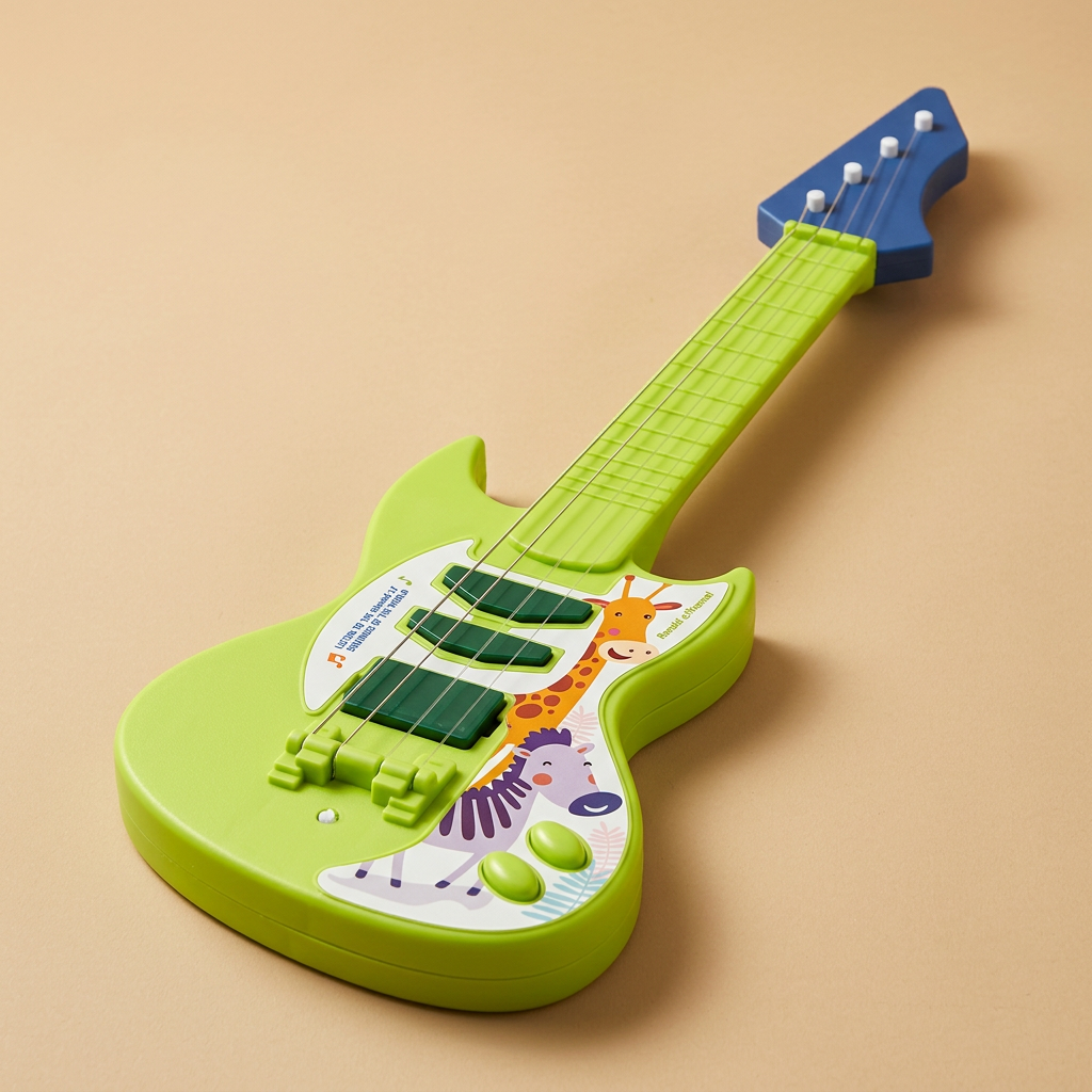 Green toy guitar from a three-quarter angle