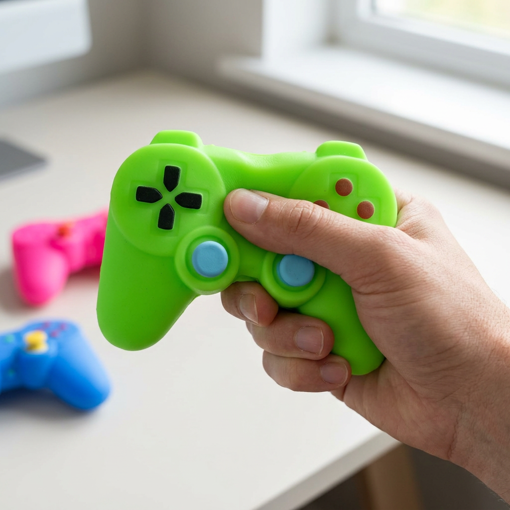 Hand gently squeezing the green controller toy