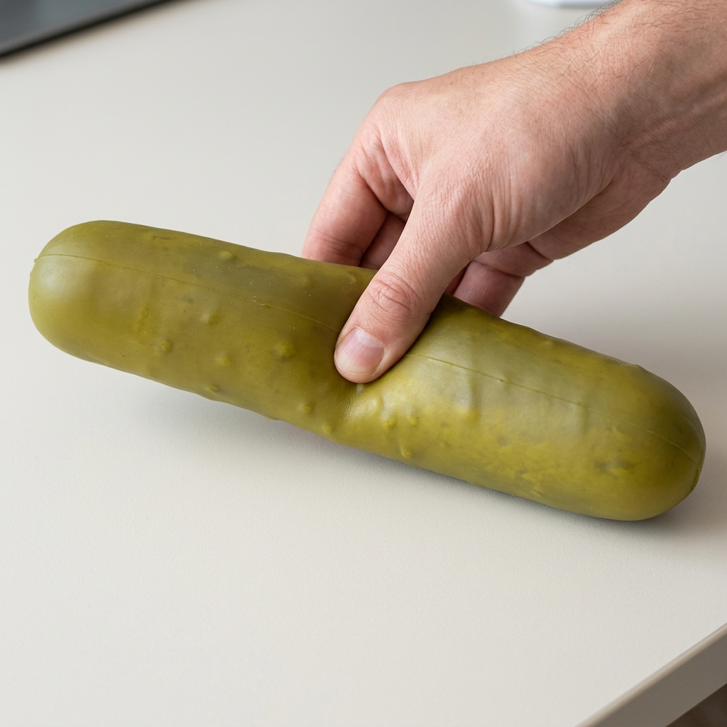 Hand gently squeezing the pickle toy