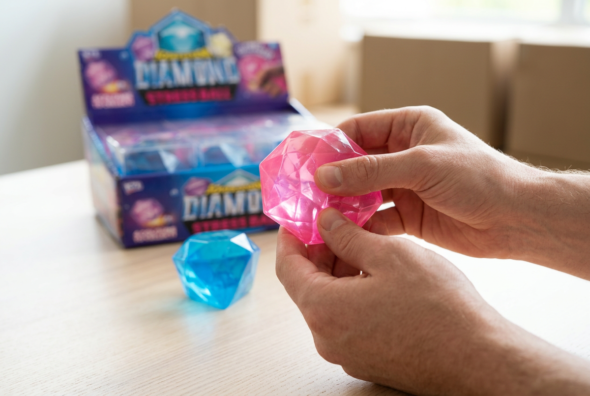 Hand squeezing a pink diamond squishy