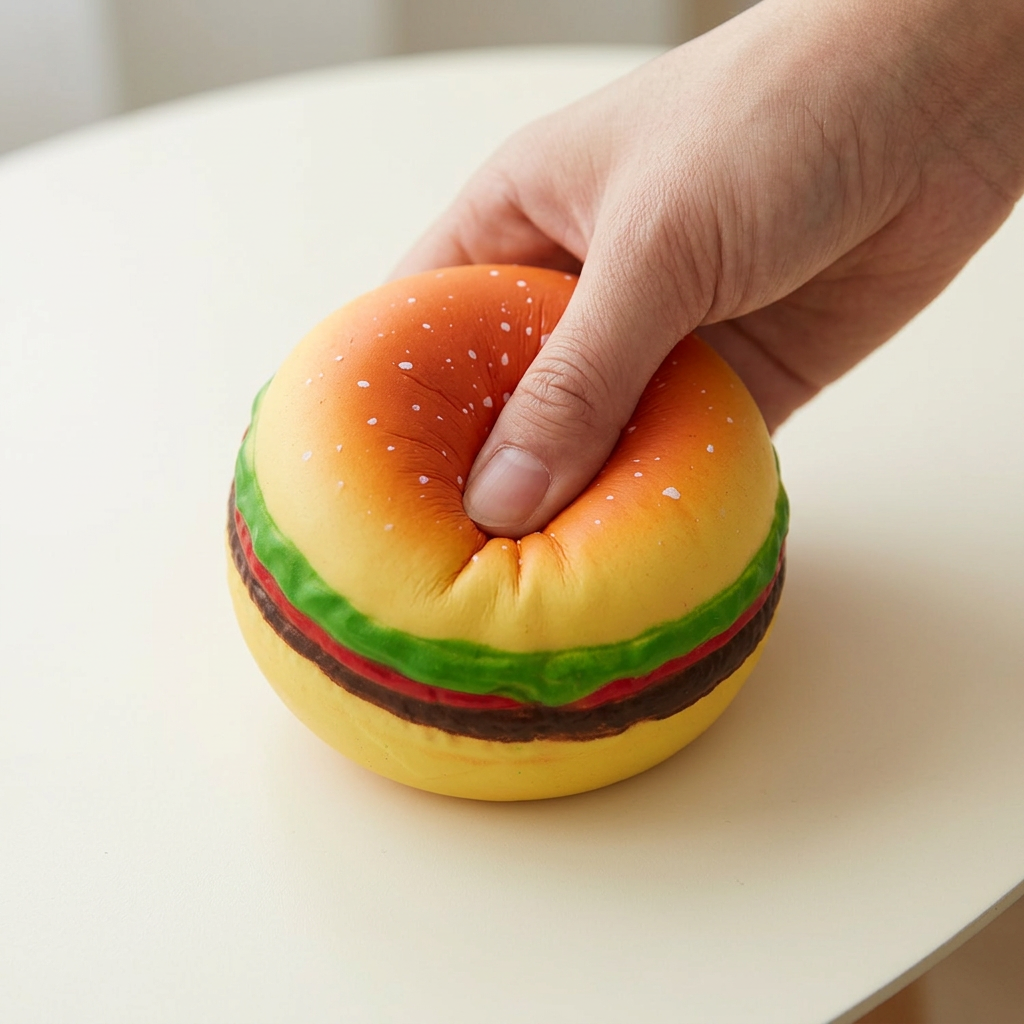 Hand squeezing the burger toy