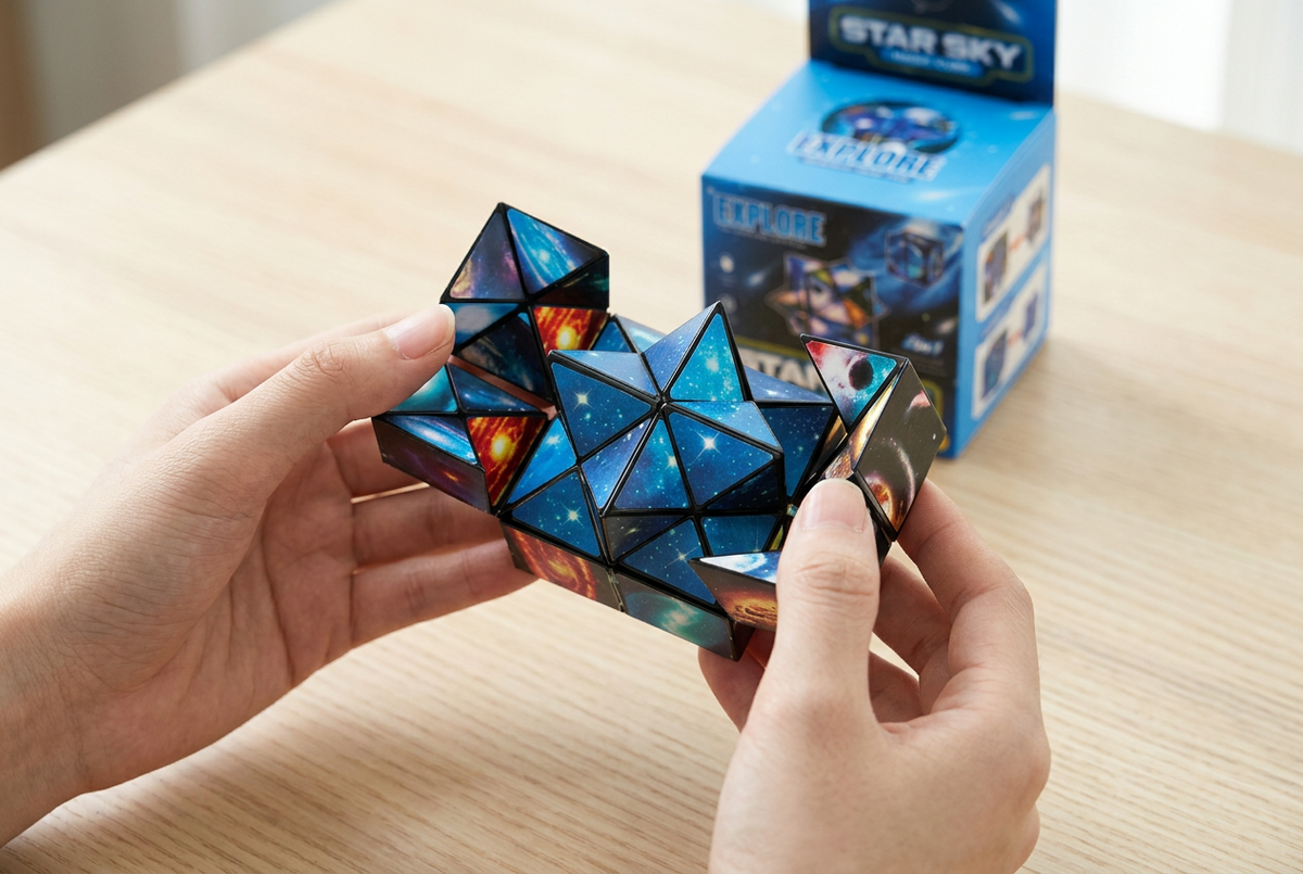 Hands folding the galaxy cube